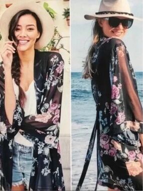 Helena Quinn Floral Sheer Long Line Wide Sleeve Kimono Black One Size